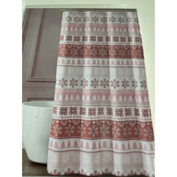 Betsey Johnson Pink Fair Isle Christmas Tree Snowflakes Fabric Shower Curtain - Picture 2 of 13